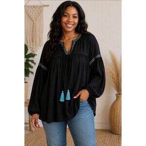 Women's Annabelle Black Blouson Boho Embellish Tie Front Long Sleeve Oversized S